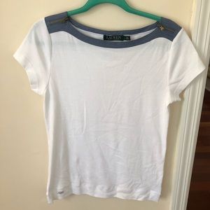 Women’s White Ralph Lauren Casual Short Sleeve Top with Denim Zipper Detail